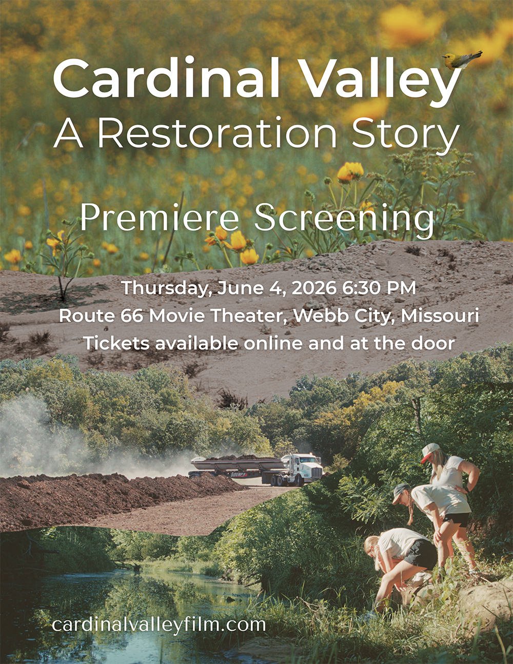 Poster announcing Cardinal Valley: A Restoration Story with premiere screening details (June 4, 2026, Route 66 Movie Theater, Webb City, Missouri); background shows a field of yellow wildflowers, a dirt road with a truck, and a riverbank with people exploring.
