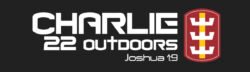 Charlie 22 Outdoors logo with a red shield crest on a dark background