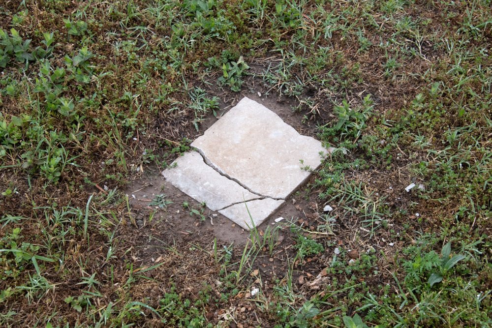 Cracked concrete square stepping stone embedded in dirt among grass and weeds.
