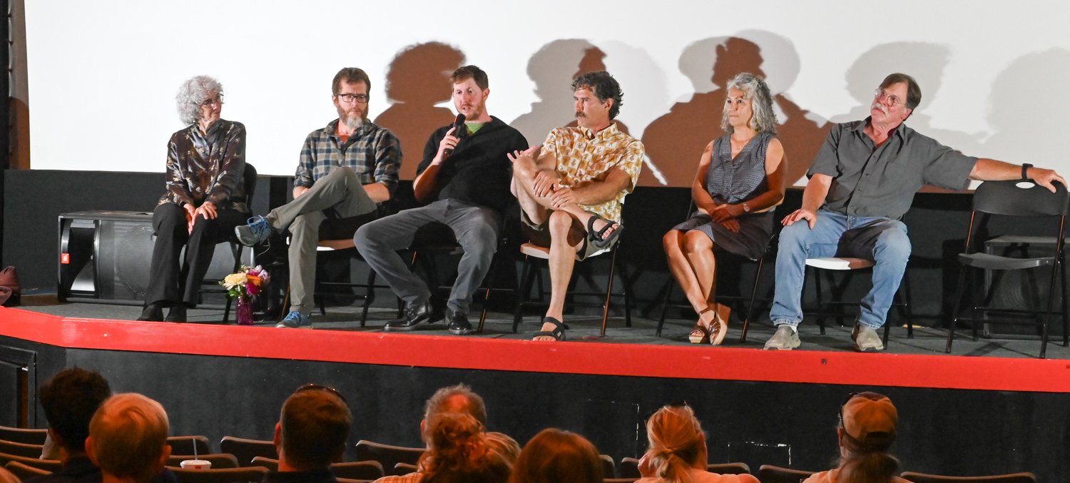 Seven-person panel seated on stage in a theater; a man in the center speaks into a microphone while others listen.
