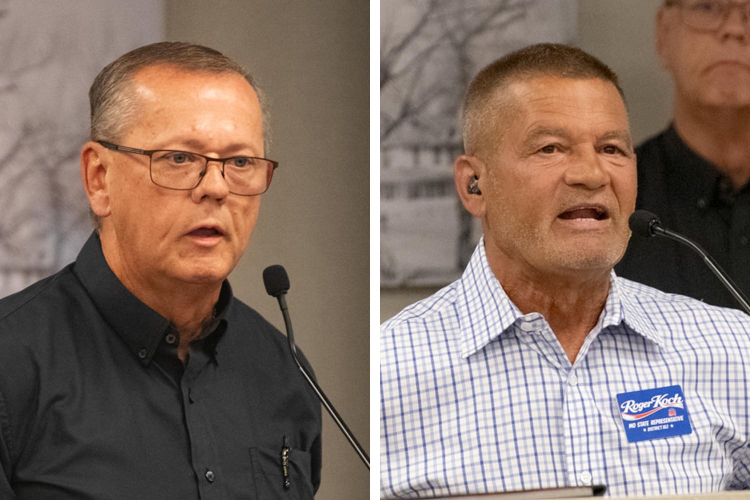 Two men speaking at podiums with microphones, each in a split-panel photo: left in a black shirt with glasses, right in a checkered shirt with a headset microphone and a blue badge.