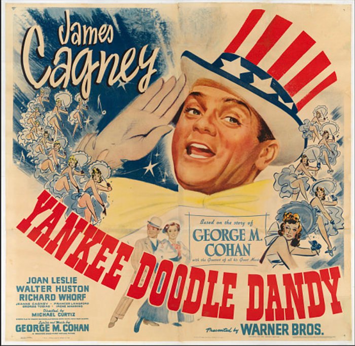 Vintage Yankee Doodle Dandy poster featuring James Cagney in a patriotic hat, with bold red lettering.",