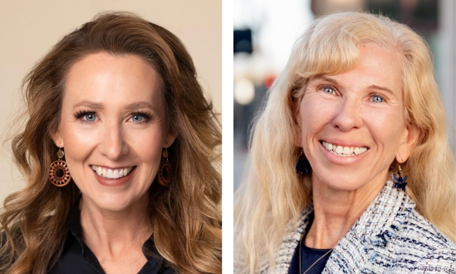 Two women smiling side by side: left brunette with wavy hair and large circular earrings; right blonde with long hair and a patterned jacket.