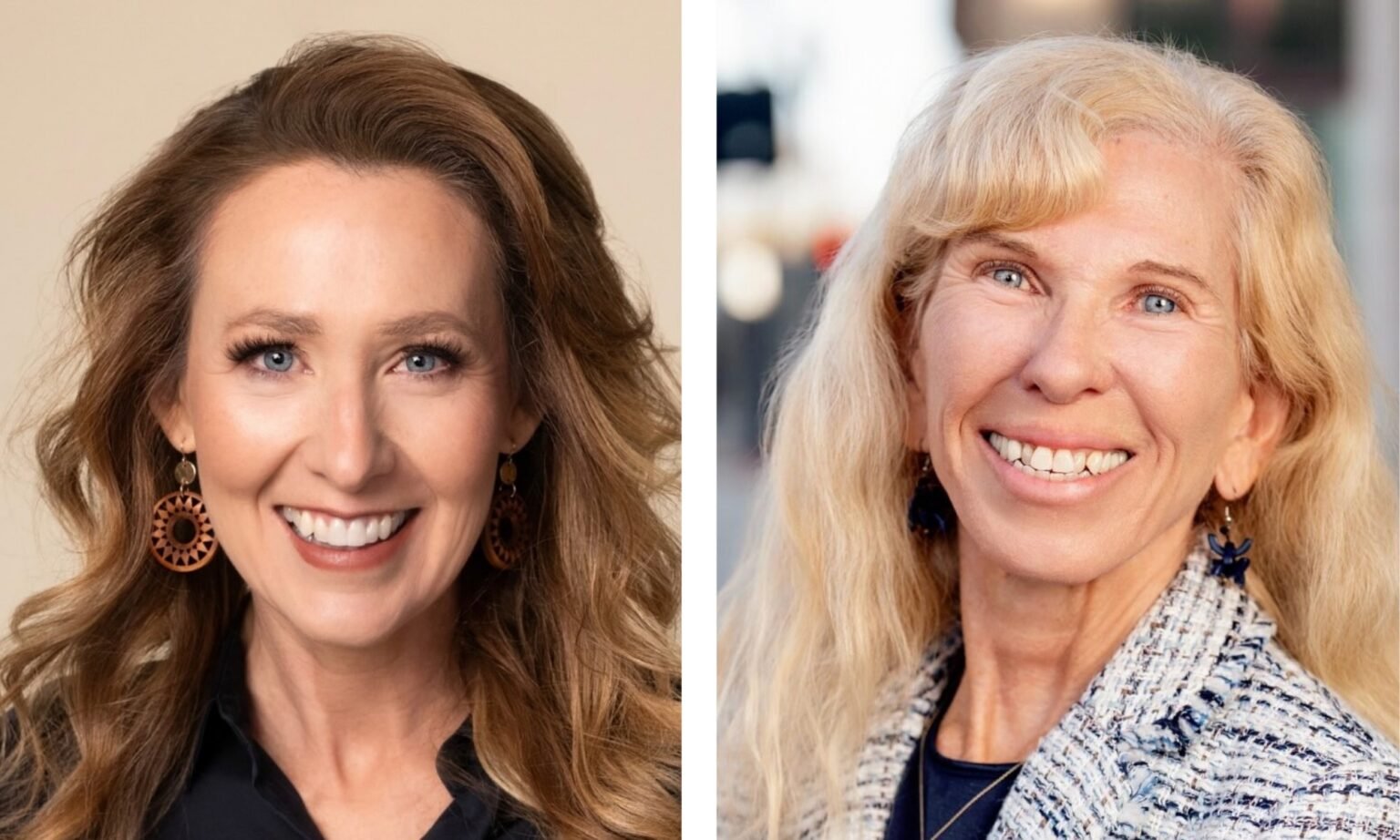 Two women smiling side by side: left brunette with wavy hair and large circular earrings; right blonde with long hair and a patterned jacket.