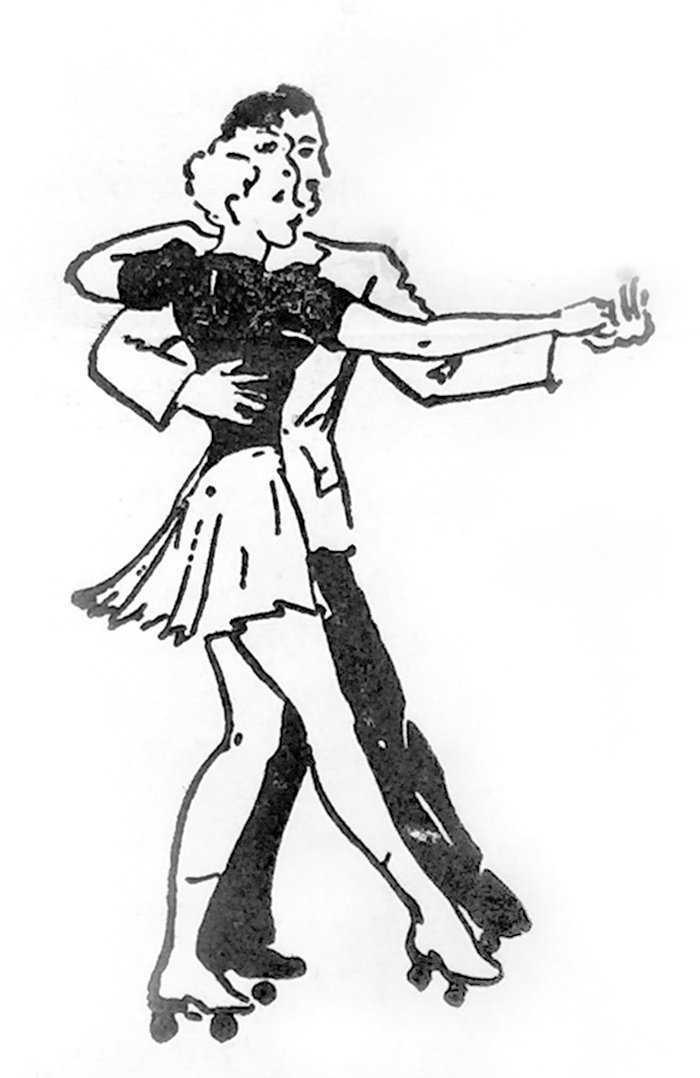 Couple dancing on roller skates, the woman in a dress and the man in dark pants, mid-spin.