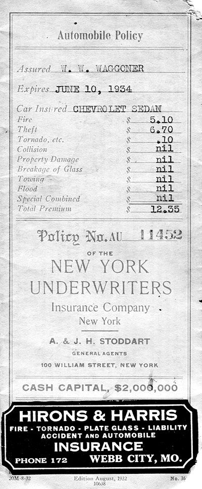 Old automobile insurance policy page showing policyholder W. W. Waggoner, expire date June 10, 1934, with coverage lines and a bold Hirons & Harris insurance ad at the bottom.