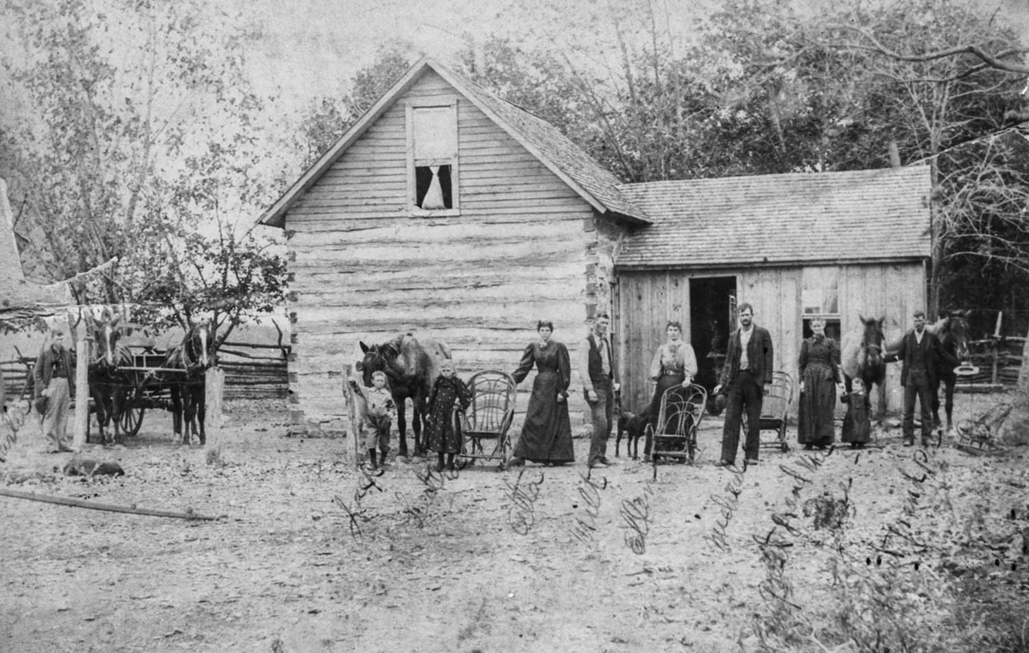 Family group stands outside a log cabin with two horses, wagons, and wooden chairs in a rural yard.