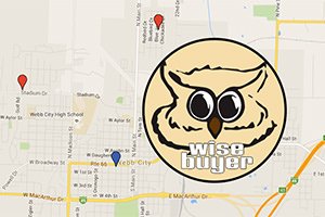 Map view with navigation pins and a circular beige logo featuring a cartoon owl and the text 'Wise buyer' overlapping the right side.