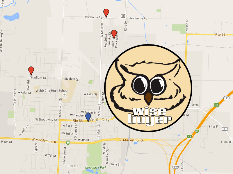 Map of Webb City, MO with several red markers at key locations; large Wise Buyer owl logo overlaying downtown.