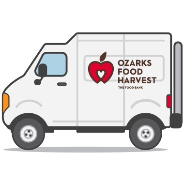 White delivery van with the Ozarks Food Harvest logo on its side, used for food bank outreach.