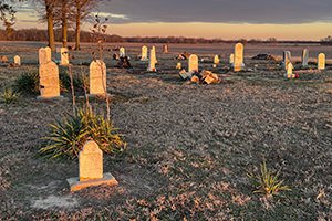 Cemetery at sunset with scattered white headstones on dry grass, a few small plants nearby and long shadows across the scene.