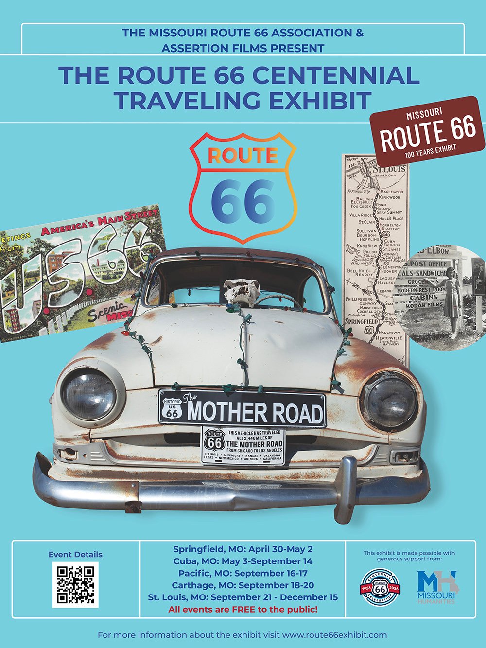 Poster for The Route 66 Centennial Traveling Exhibit, showing a vintage car with Route 66 imagery and bold title on a turquoise background.