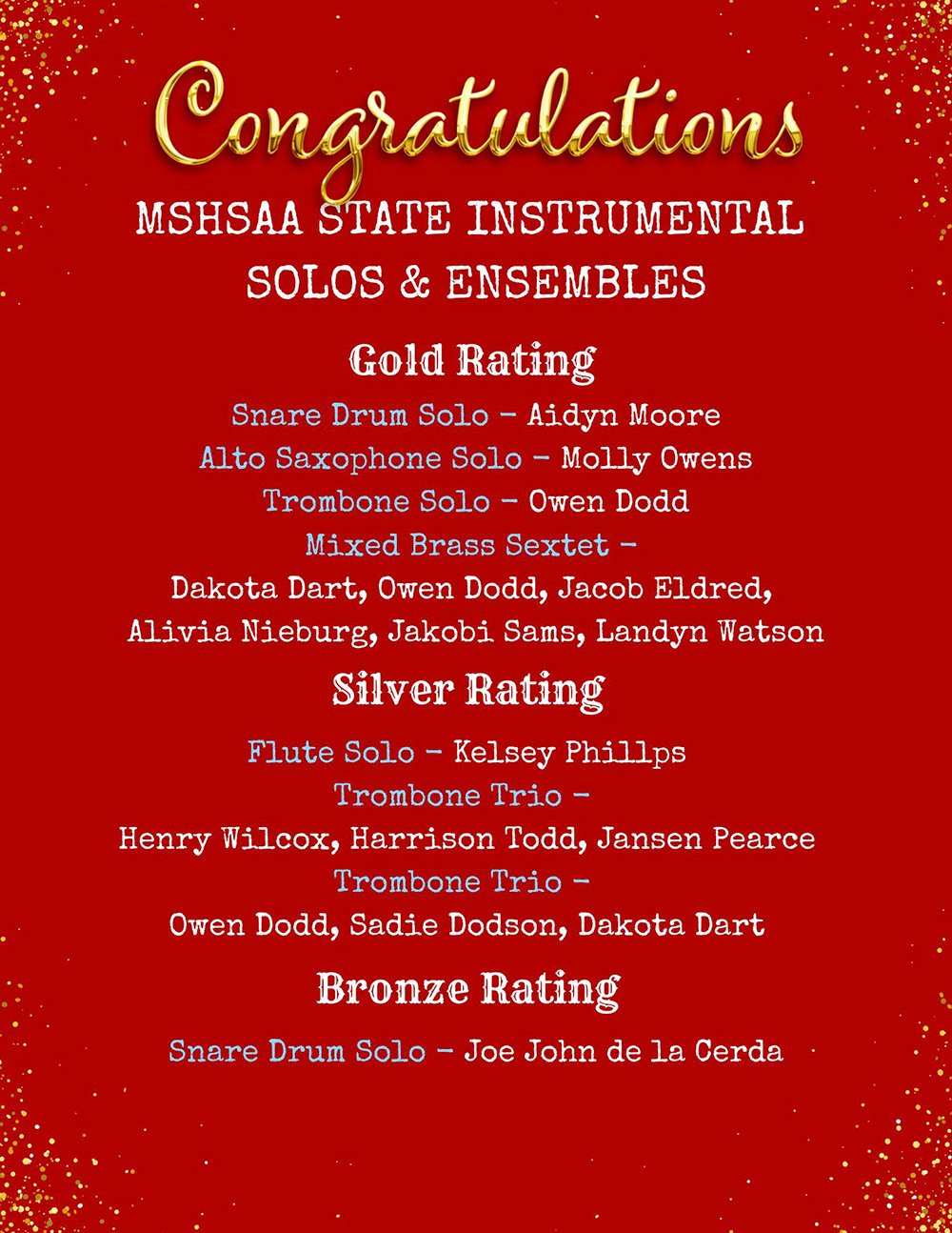 Red poster reading 'Congratulations' for MSHSAA State Instrumental Solos & Ensembles with Gold, Silver, and Bronze ratings and list of soloists.