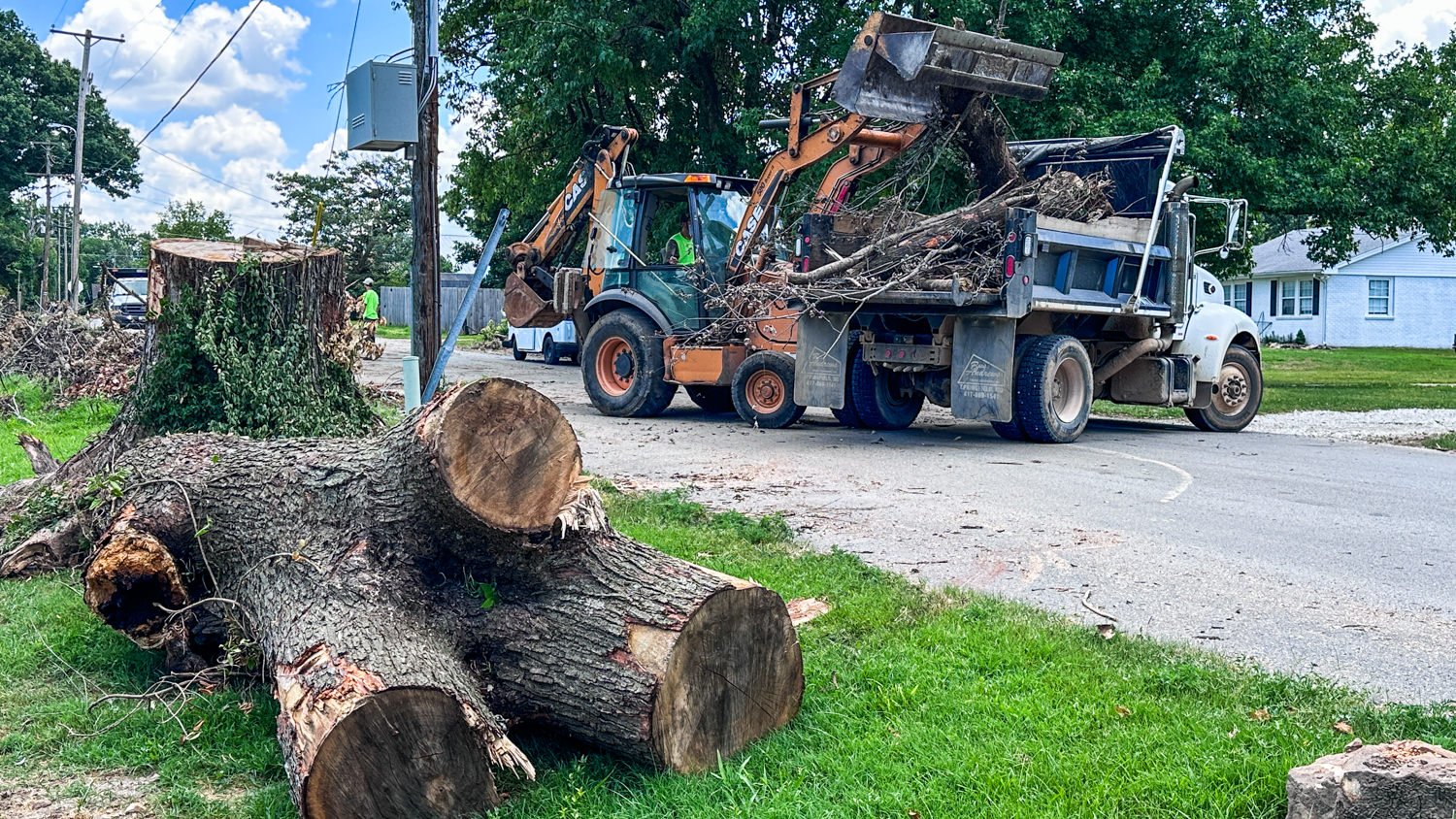 Log truck and backhoe loading debris from a large fallen tree while workers clear the area; several cut tree trunks lie on the grass and road nearby.