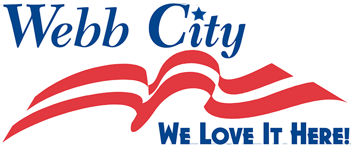 Webb City logo with blue 'Webb City' text, red wavy lines, and the blue slogan 'We Love It Here!'