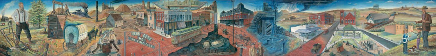 Panoramic mural showing a developing town with trains, factories and workers across a rural-industrial landscape.