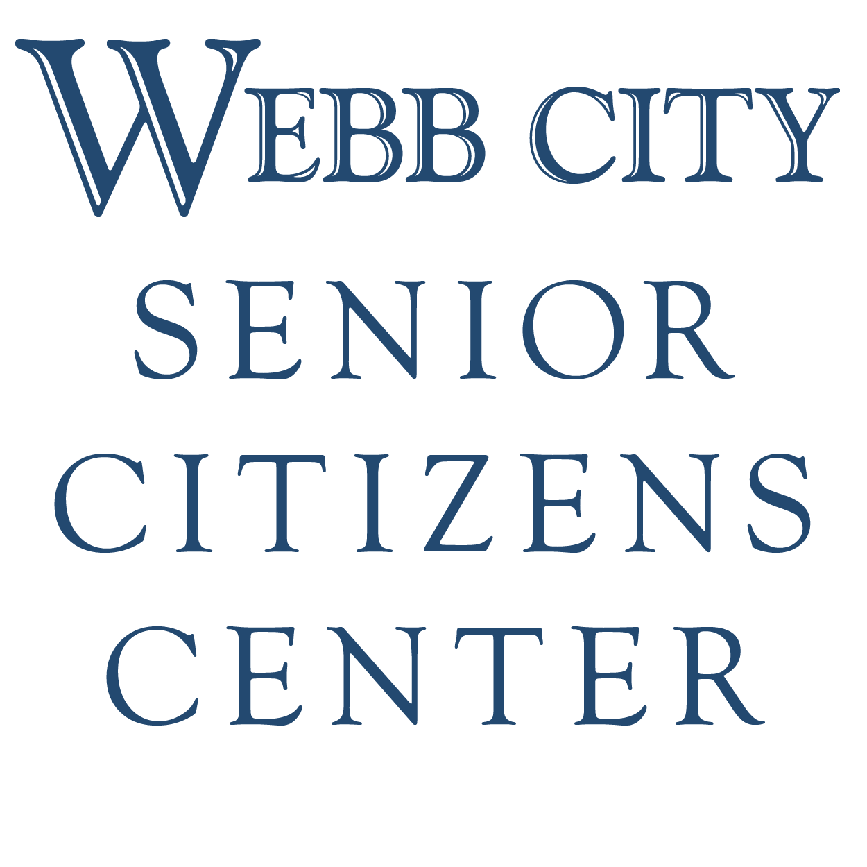 Webb City Senior Citizens Center logo with four lines of blue serif text on white background.
